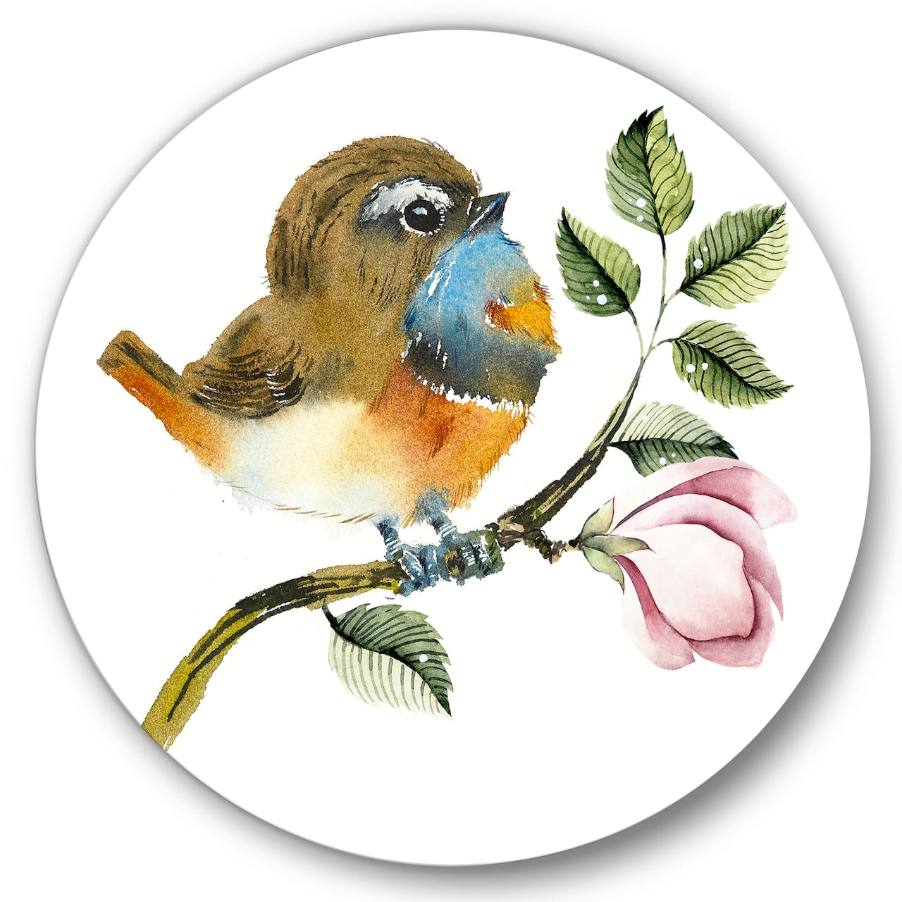 Designart - Bluethroat Bird On A Branch - Traditional Metal Circle Wall Art